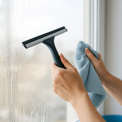 Fenster putzen mit Mikrofasertuch und Abzieher