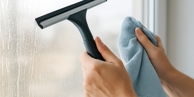 Fenster putzen mit Mikrofasertuch und Abzieher