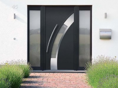 mit Edelstahl-Applikation - RAL 7016 anthrazitgrau - Ornamentglas Satinato - Integrierter Edelstahl-Designgriff V78 - Aufsatzfüllung 