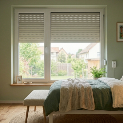 Schlafzimmerfenster mit Rollladen für Sicherheit und Verdunkelung