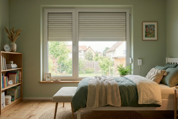 Schlafzimmerfenster mit Rollladen für Sicherheit und Verdunkelung