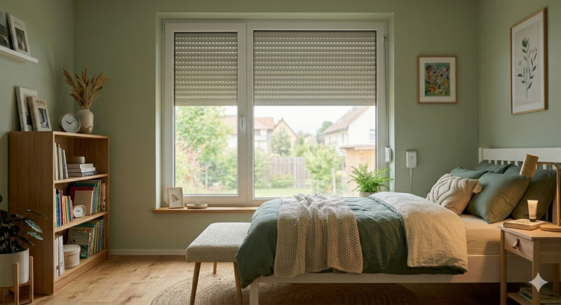 Schlafzimmerfenster mit Rollladen für Sicherheit und Verdunkelung