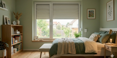 Schlafzimmerfenster mit Rollladen für Sicherheit und Verdunkelung