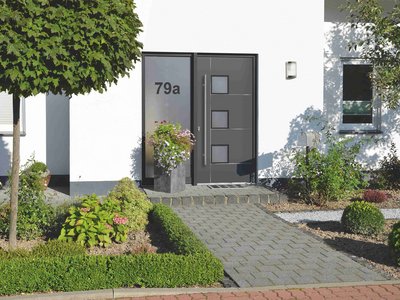 Flächenbündige Lisenen - Aufsatzfüllung - RAL 7012 basaltgrau - Verglasung G500-25 mattiertes Glas mit klarem Rand (im Seitenteil mit klarem Motiv) - Griff 9027-13 Edelstahl