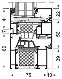 Schnittzeichnung Schüco AWS 75.SI+ mit Maßen, Bautiefe 75 mm