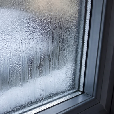 Blinde Fensterscheibe mit Kondenswasser im Scheibenzwischenraum