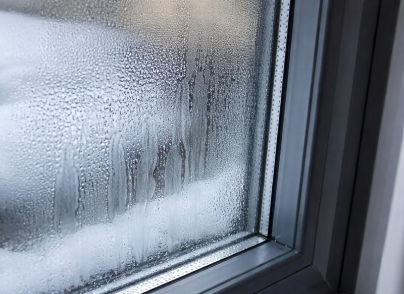 Blinde Fensterscheibe mit Kondenswasser im Scheibenzwischenraum