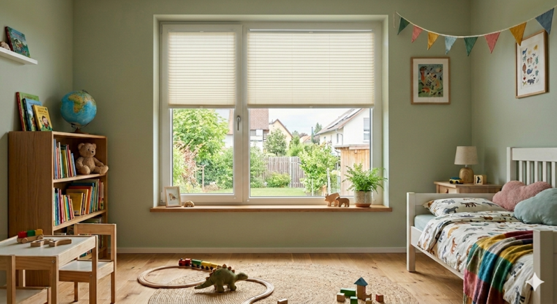 Kinderzimmer: Fenster mit Plissees für Sichtschutz und Verdunkelung