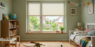 Kinderzimmer: Fenster mit Plissees für Sichtschutz und Verdunkelung