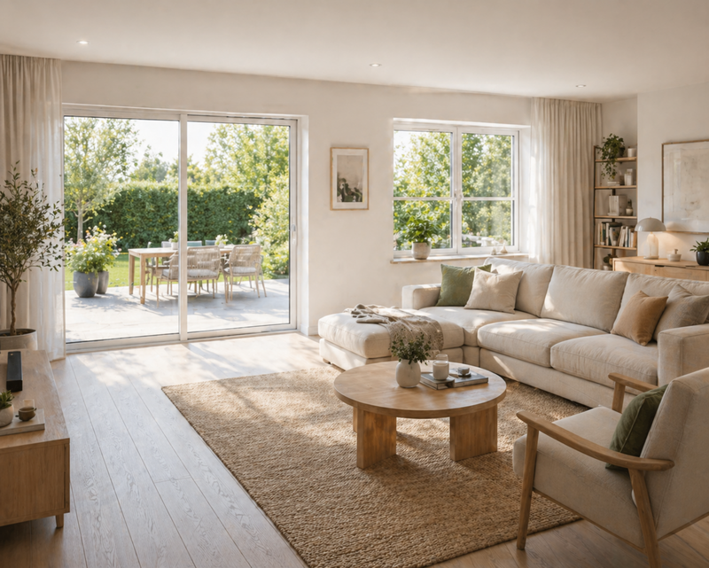 Helles Wohnzimmer mit Terrassentür als Schiebetür und zweiflügeligem Fenster
