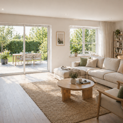 Helles Wohnzimmer mit Terrassentür als Schiebetür und zweiflügeligem Fenster