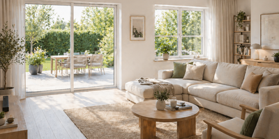 Helles Wohnzimmer mit Terrassentür als Schiebetür und zweiflügeligem Fenster