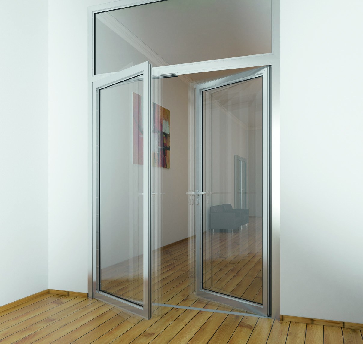 Zweiflügelige verglaste Rauchschutztür aus Aluminium mit Oberlicht in einem Flur